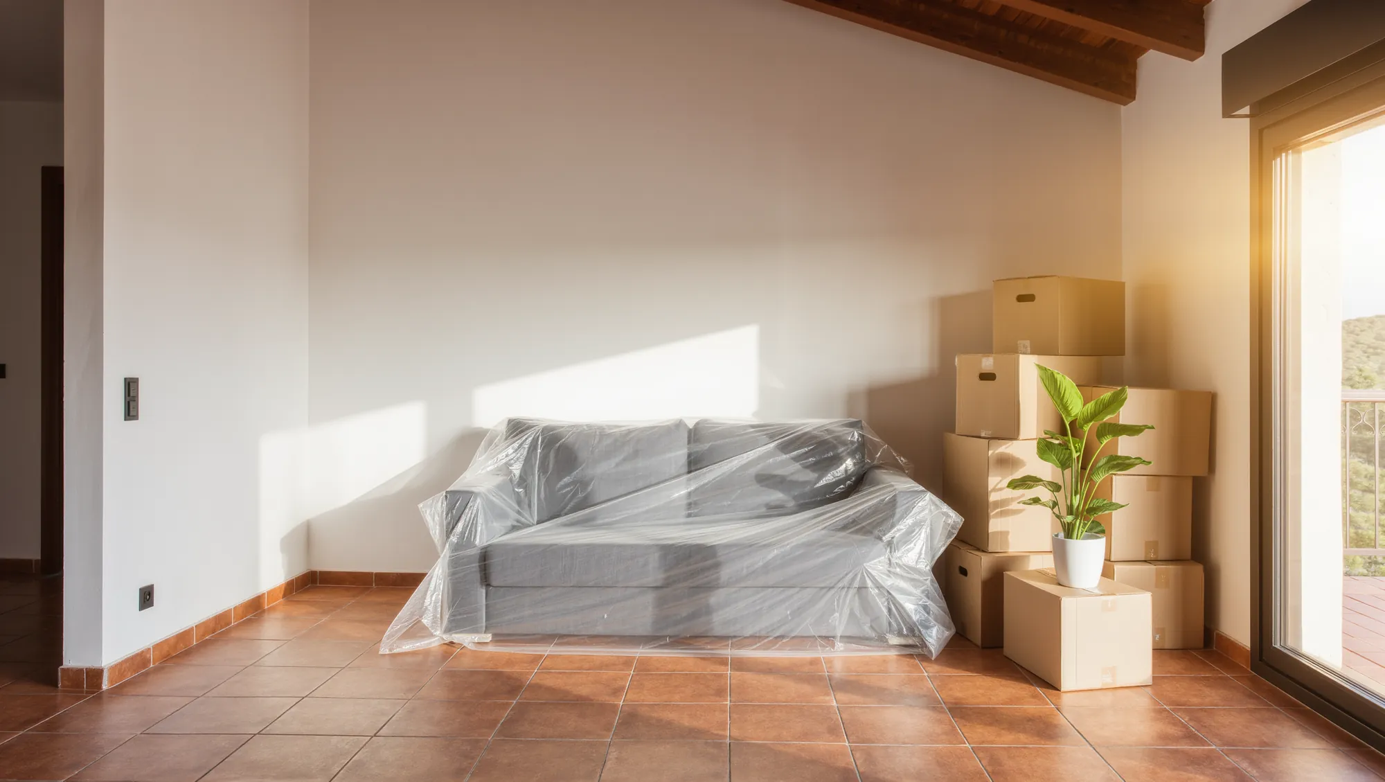 Salón luminoso con cajas de mudanza apiladas y un sofá protegido con plástico