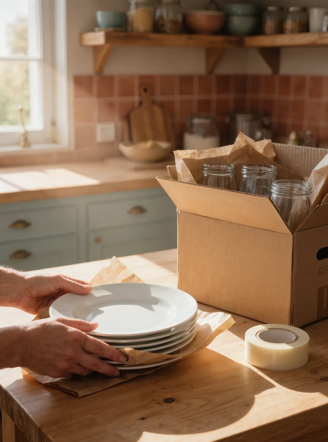 Manos envolviendo platos de porcelana en papel de embalaje