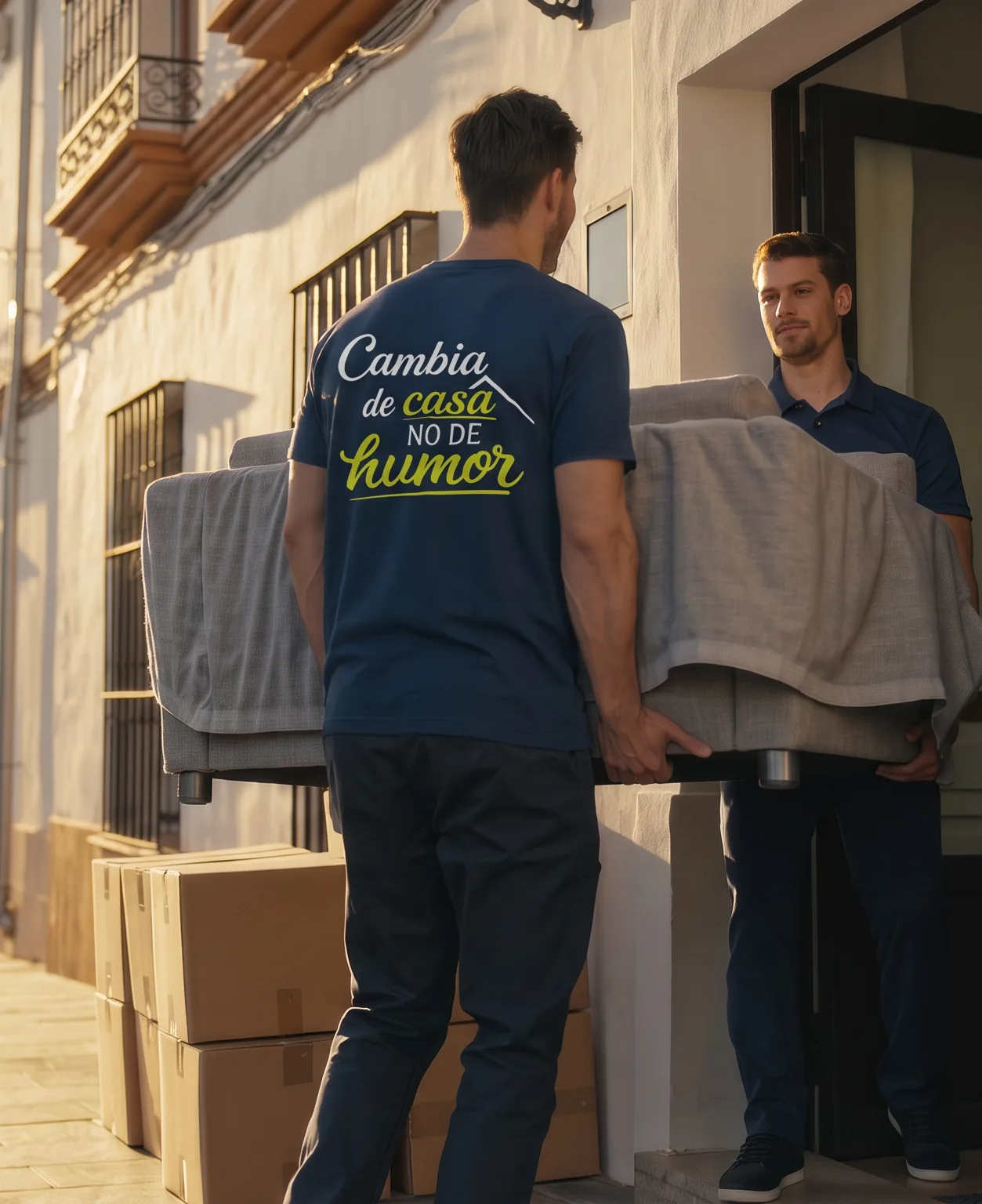 Operario de Mudanzas del Sur, de espaldas con la camiseta «Cambia de casa, no de humor», cargando un sofá protegido en una calle blanca andaluza